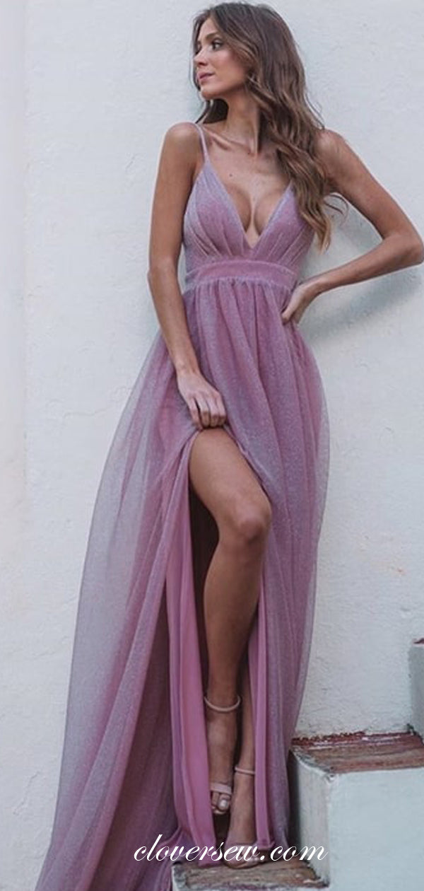 Lilac Chiffon Spaghetti Strap Side Slit Prom Dresses,CP0323