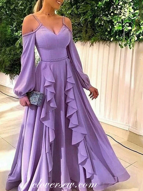 Lilac Off The Shoulder Long Sleeves A-line Prom Dresses , CP0484