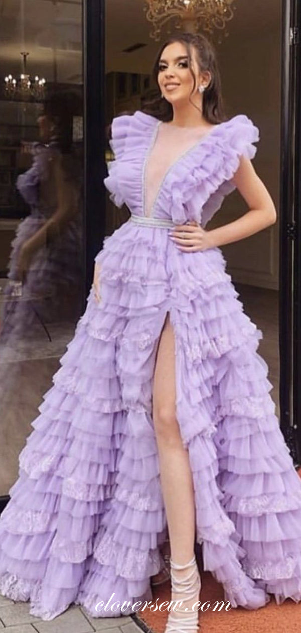 Lilac Ruffles Tulle Tiered Sleeveless A-line Prom Dresses,CP0379