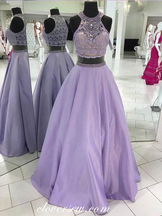 Lilac Satin Lace Rhinestone Two Piece High Neck Prom Dresses, CP0068