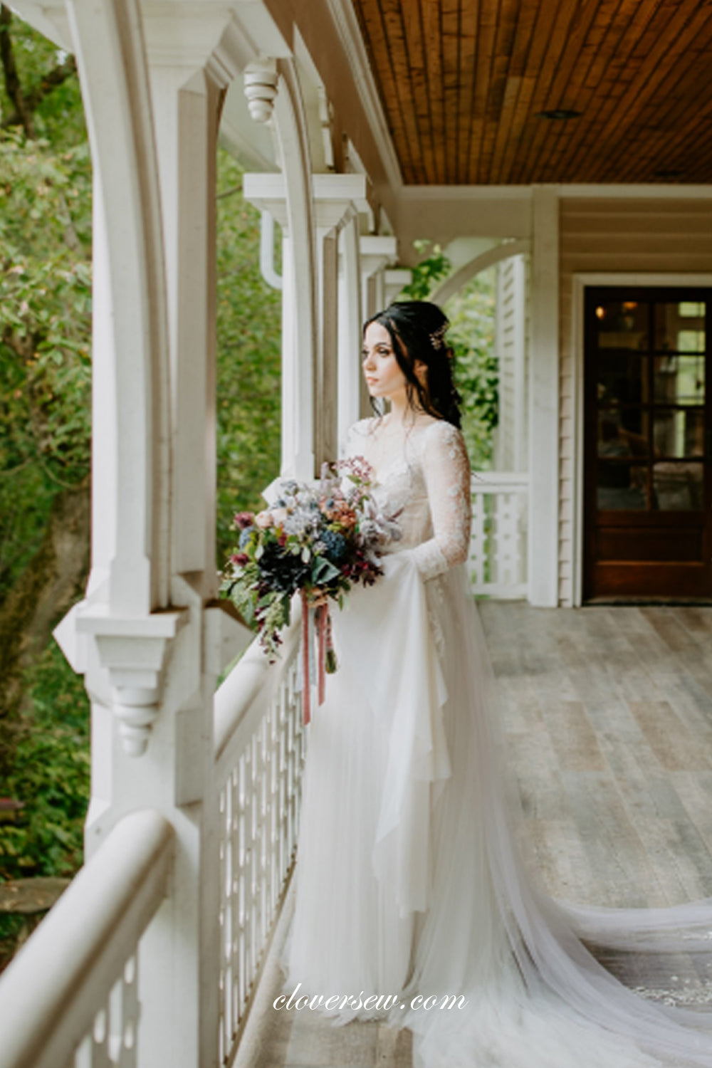 Long Charming Sleeves Lace V-neck Boho Country Wedding Dresses, CW0275