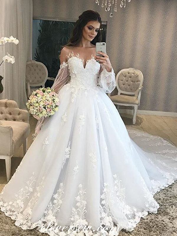 Long Sleeves 3D Applique Illusion Neckline A-line Wedding Dresses,CW0146