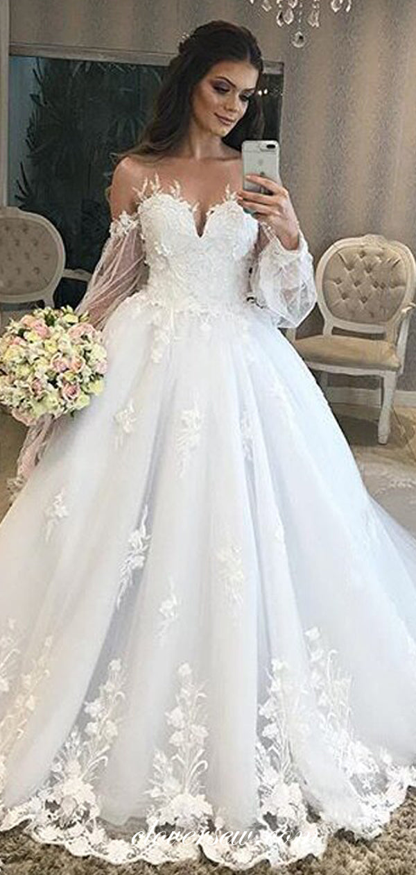 Long Sleeves 3D Applique Illusion Neckline A-line Wedding Dresses,CW01 –  clover sew