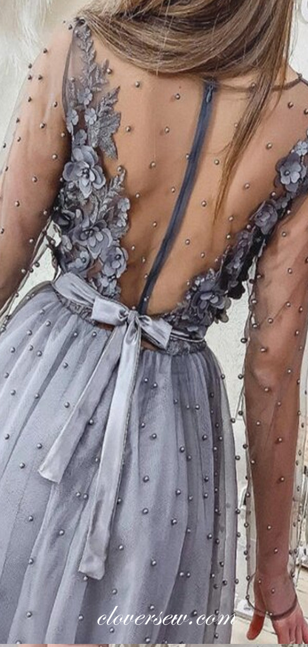Long Sleeves Grey Bead Tulle Applique Homecoming Dresses, CH0026