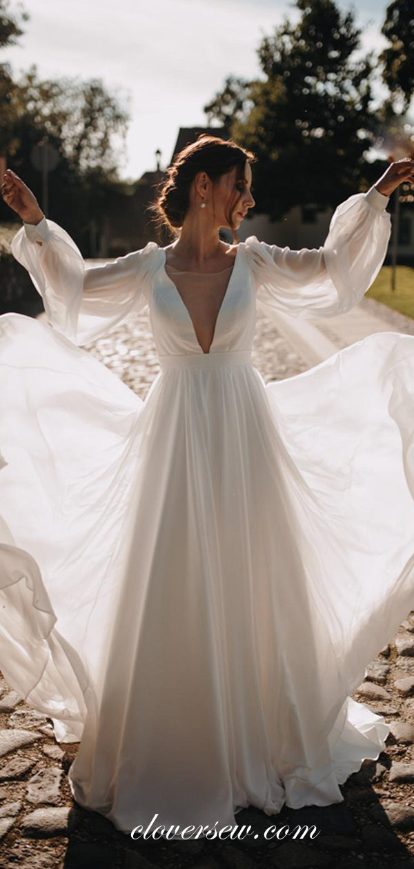 Long Sleeves Off White Chiffon V-neck Boho Wedding Dresses ,CW0232
