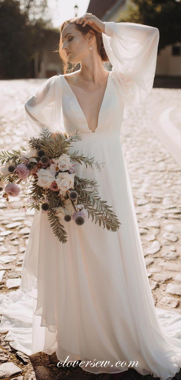 Long Sleeves Off White Chiffon V-neck Boho Wedding Dresses ,CW0232 clover sew Long Sleeves Off White Chiffon V-neck Boho Wedding Dresses ,CW0232 clover sew