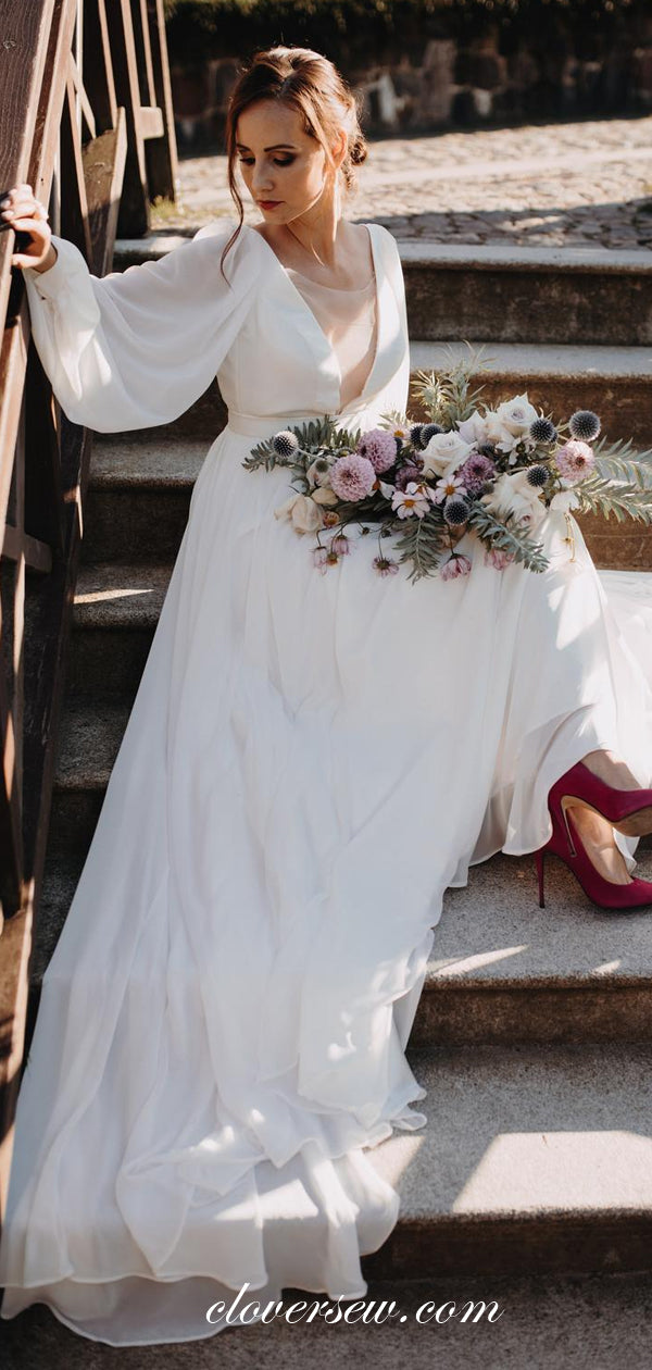 Chiffon V Back Wedding Gown Long Puffy Sleeves Beach Wedding Dress US2 / Ivory Chiffon V Back Wedding Gown Long Puffy Sleeves Beach Wedding Dress US2 / Ivory