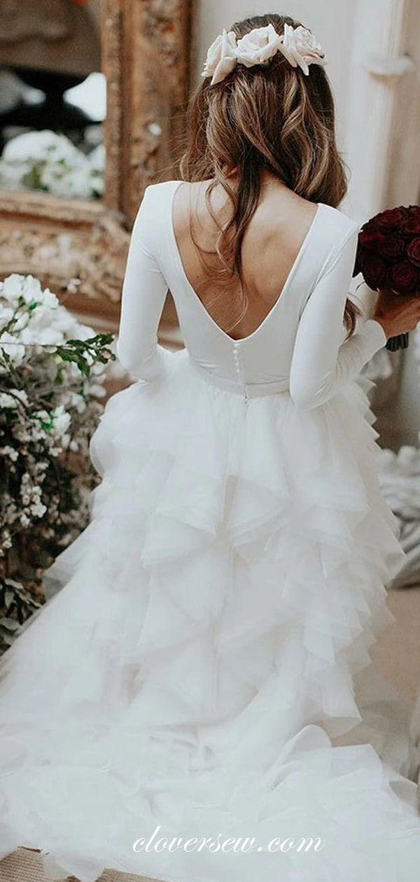 Long Sleeves Ruffles A-line V-neck With Train Wedding Dresses,CW0121 clover sew Long Sleeves Ruffles A-line V-neck With Train Wedding Dresses,CW0121 clover sew