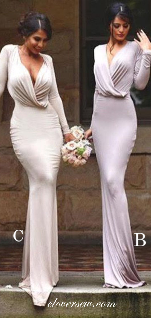 Long Sleeves V-neck Sheath Elegant Bridesmaid Dresses, CB0159