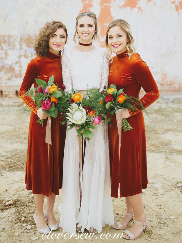 Long Sleeves Velvet High Neck Column Knee Length Bridesmaid Dresses, C clover sew Long Sleeves Velvet High Neck Column Knee Length Bridesmaid Dresses, C clover sew
