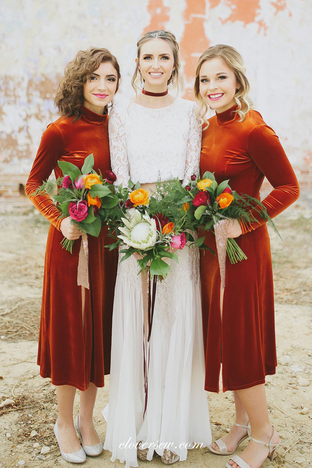 Long Sleeves Velvet High Neck Column Knee Length Bridesmaid Dresses, CB0223 US4 / As Pic Long Sleeves Velvet High Neck Column Knee Length Bridesmaid Dresses, CB0223 US4 / As Pic