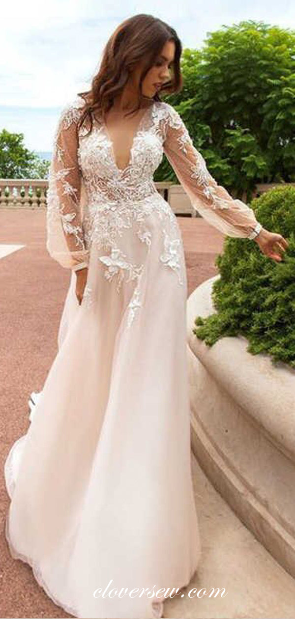 Long Lantern Sleeves Tulle See Through Lace Applique Wedding Dresses ,CW0104 Long Lantern Sleeves Tulle See Through Lace Applique Wedding Dresses ,CW0104