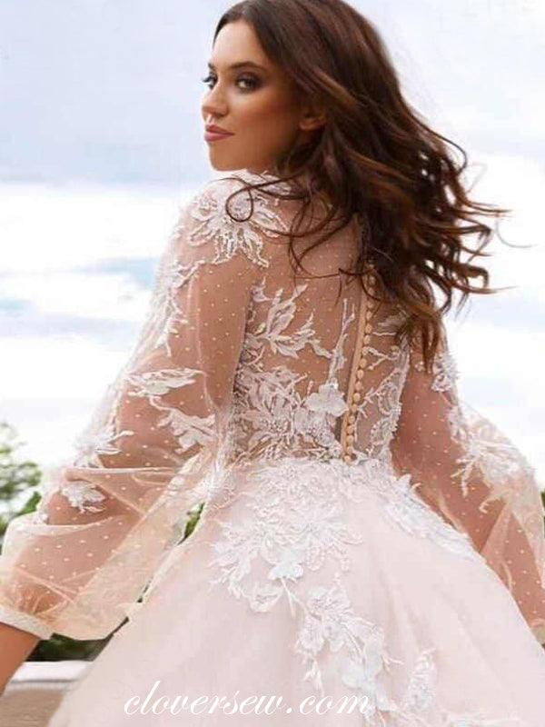 Long Lantern Sleeves Tulle See Through Lace Applique Wedding Dresses , clover sew Long Lantern Sleeves Tulle See Through Lace Applique Wedding Dresses , clover sew