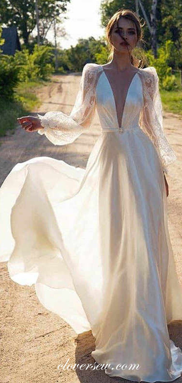Long Puff Lace Sleeves Deep V-neck A-line Wedding Dresses ,CW0105