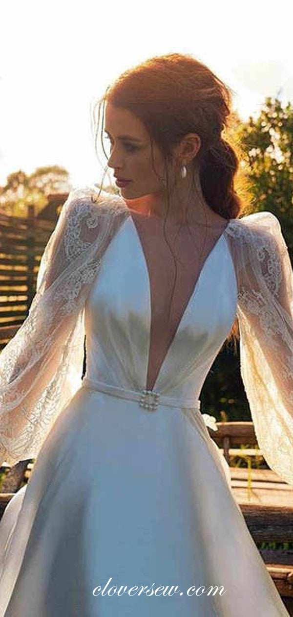 Long Puff Lace Sleeves Deep V-neck A-line Wedding Dresses ,CW0105