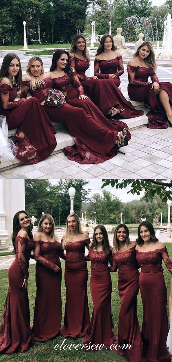 Maroon Lace Off The Shoulder Long Sleeves Sheath Bridesmaid Dresses ,CB0124