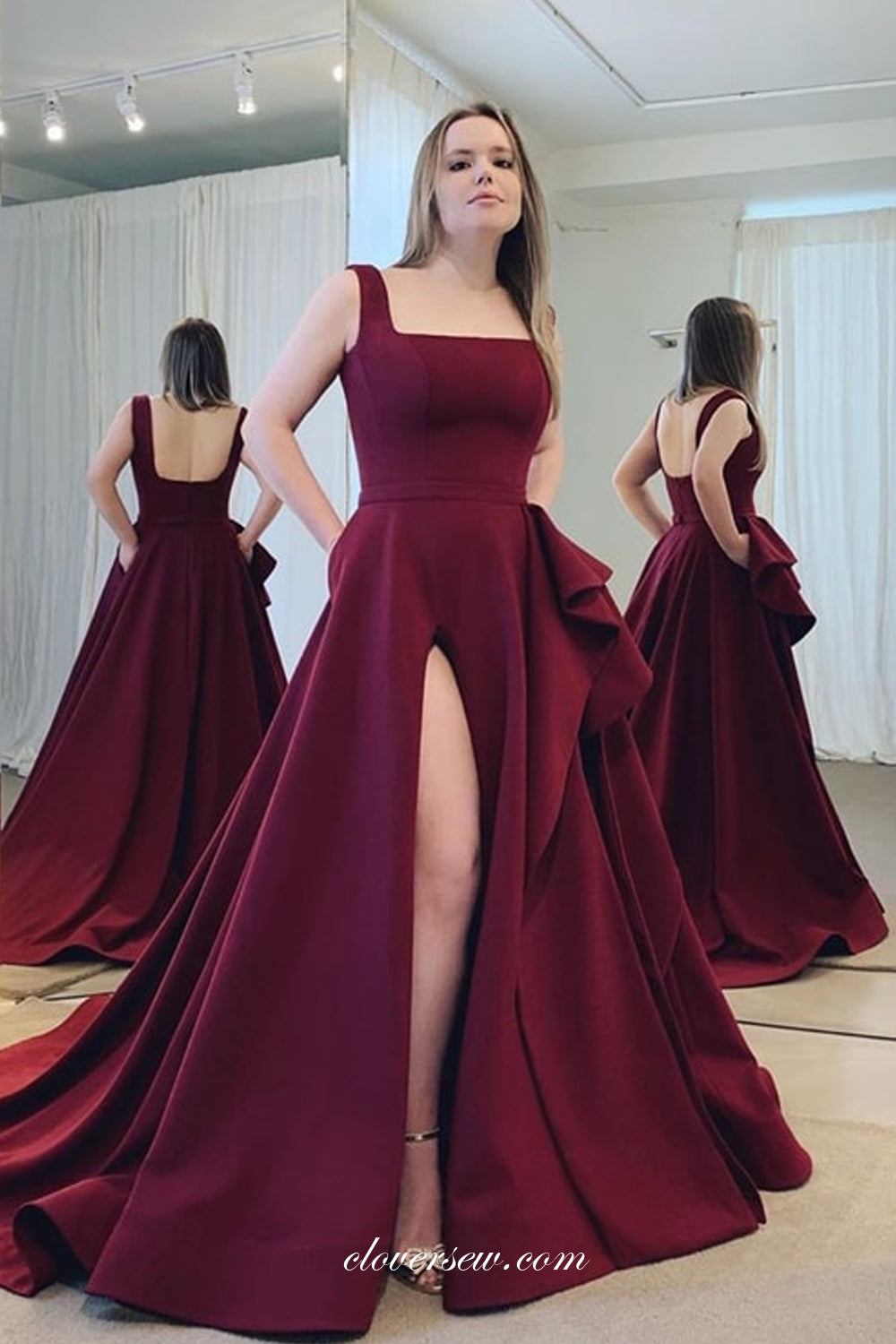 Maroon Satin Square Neckline High Slit A-line Prom Dresses, CP0678 Maroon Satin Square Neckline High Slit A-line Prom Dresses, CP0678