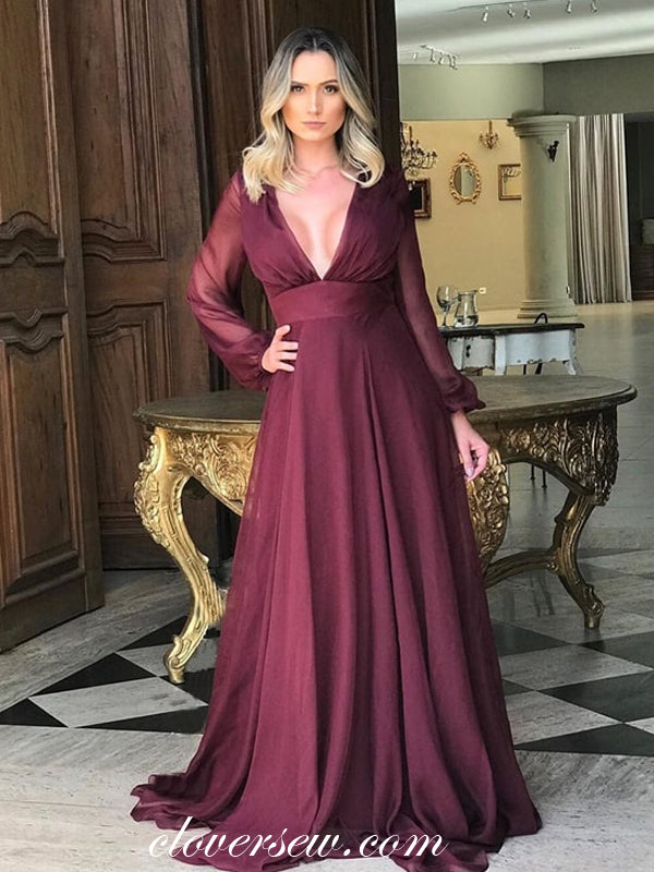 Maroon Chiffon Long Sleeves V-neck A-line Formal Dresses ,CP0327
