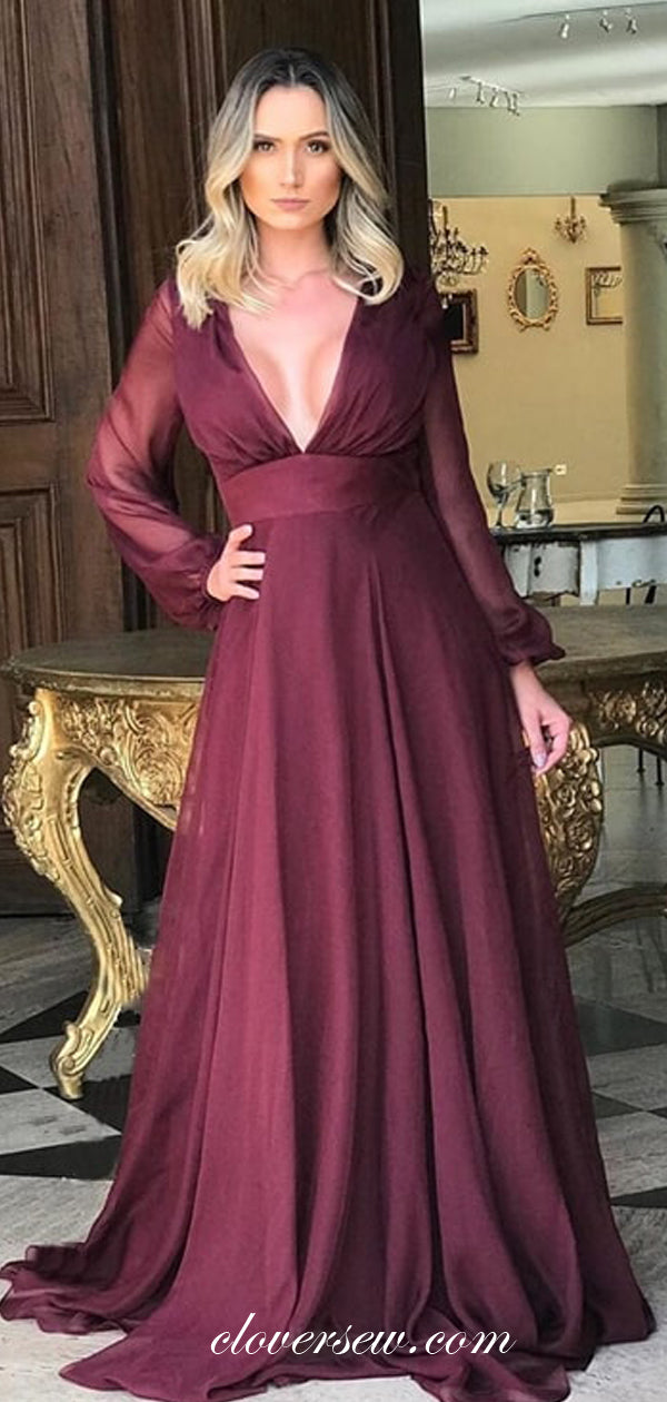 Maroon Chiffon Long Sleeves V-neck A-line Formal Dresses ,CP0327