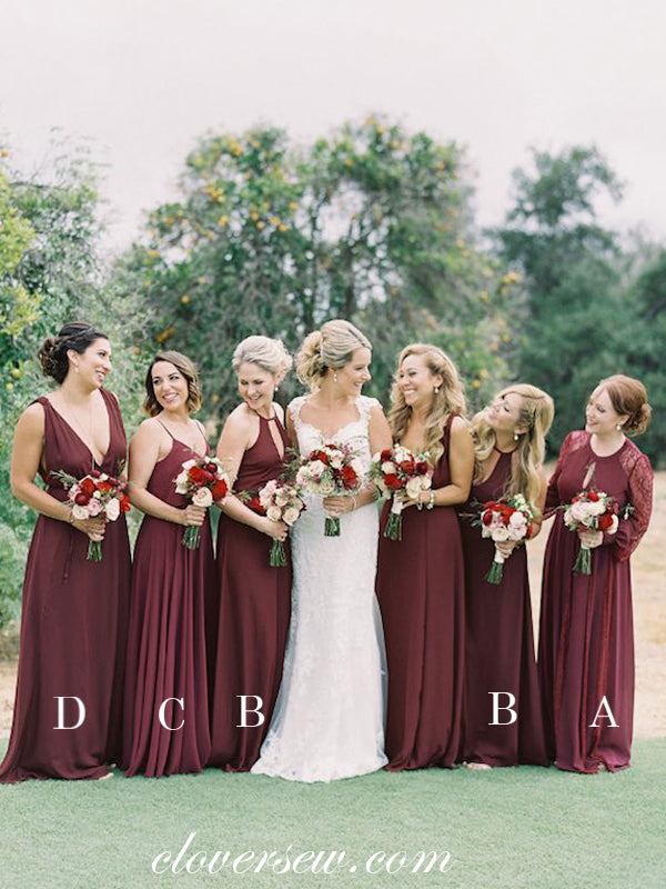 Maroon Chiffon Mismatched A-line Long Bridesmaid Dresses, CB0062
