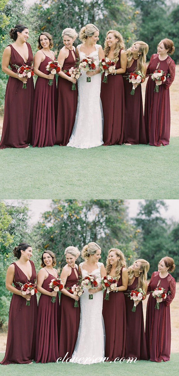 Maroon Chiffon Mismatched A-line Long Bridesmaid Dresses, CB0062