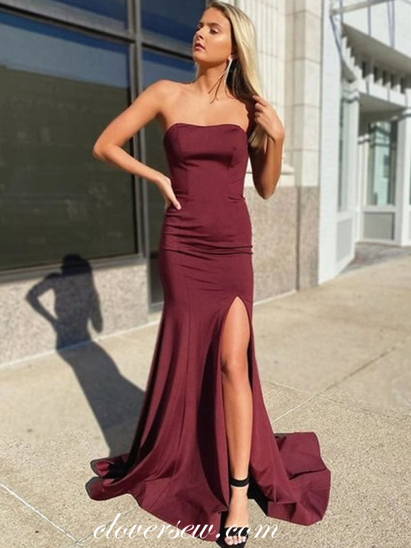 Maroon Elastic Satin Strapless Lace Up Back Sheath Prom Dresses,CP0424