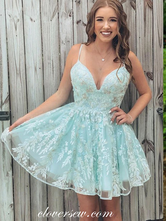 Mint Green Charming Lace Spagehtti Strap A-line Homecoming Dresses, CH0031