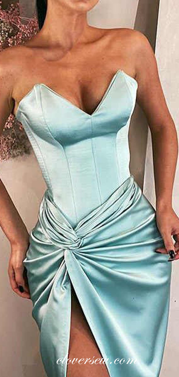 Mint Green Satin Strapless Side Slit Sheath Evening Dresses, CP0629
