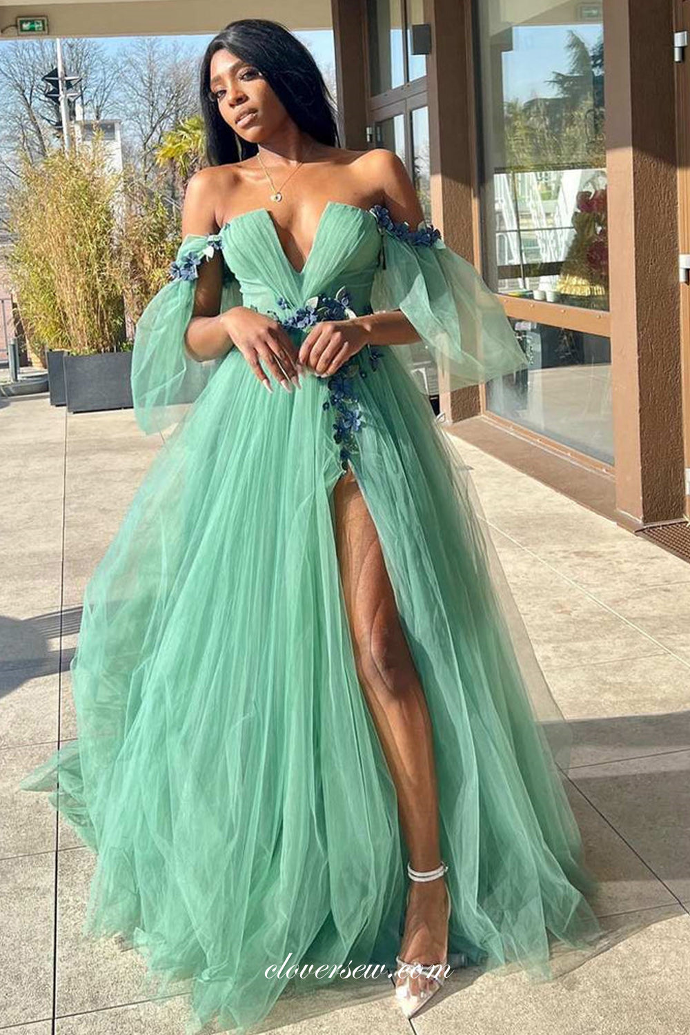 Mint Green Tulle Handmade Flowers Applique Off The Shoulder Prom Dresses CP0997