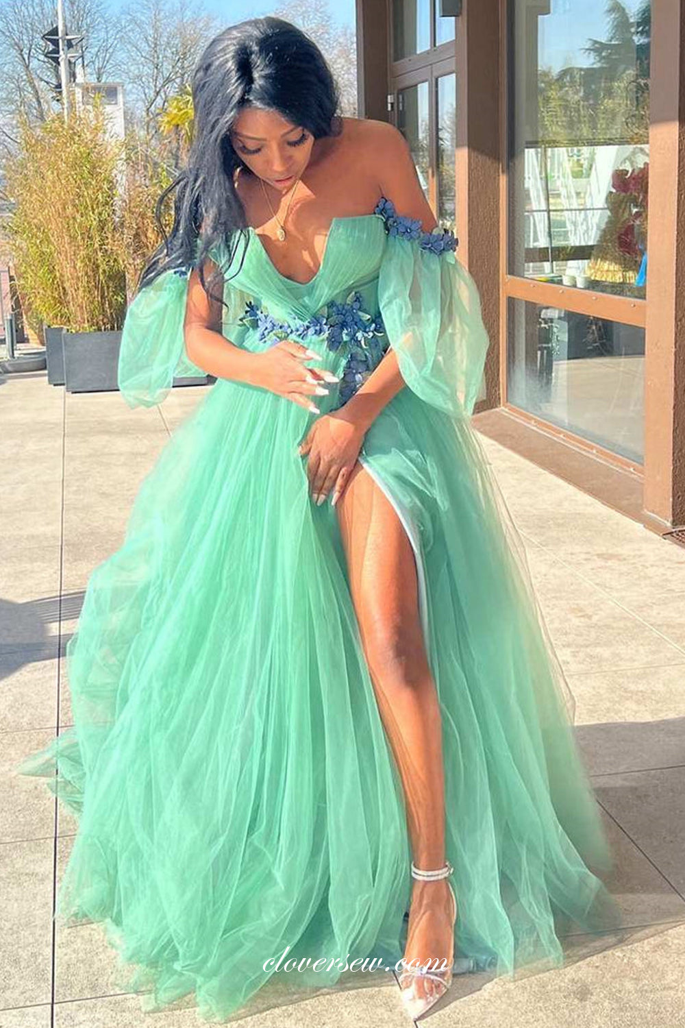 Mint Green Tulle Handmade Flowers Applique Off The Shoulder Prom Dresses CP0997