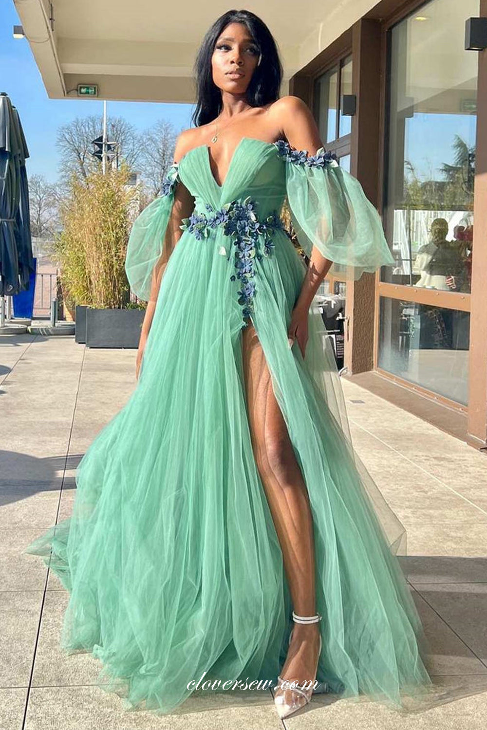 Mint Green Tulle Handmade Flowers Applique Off The Shoulder Prom Dresses CP0997
