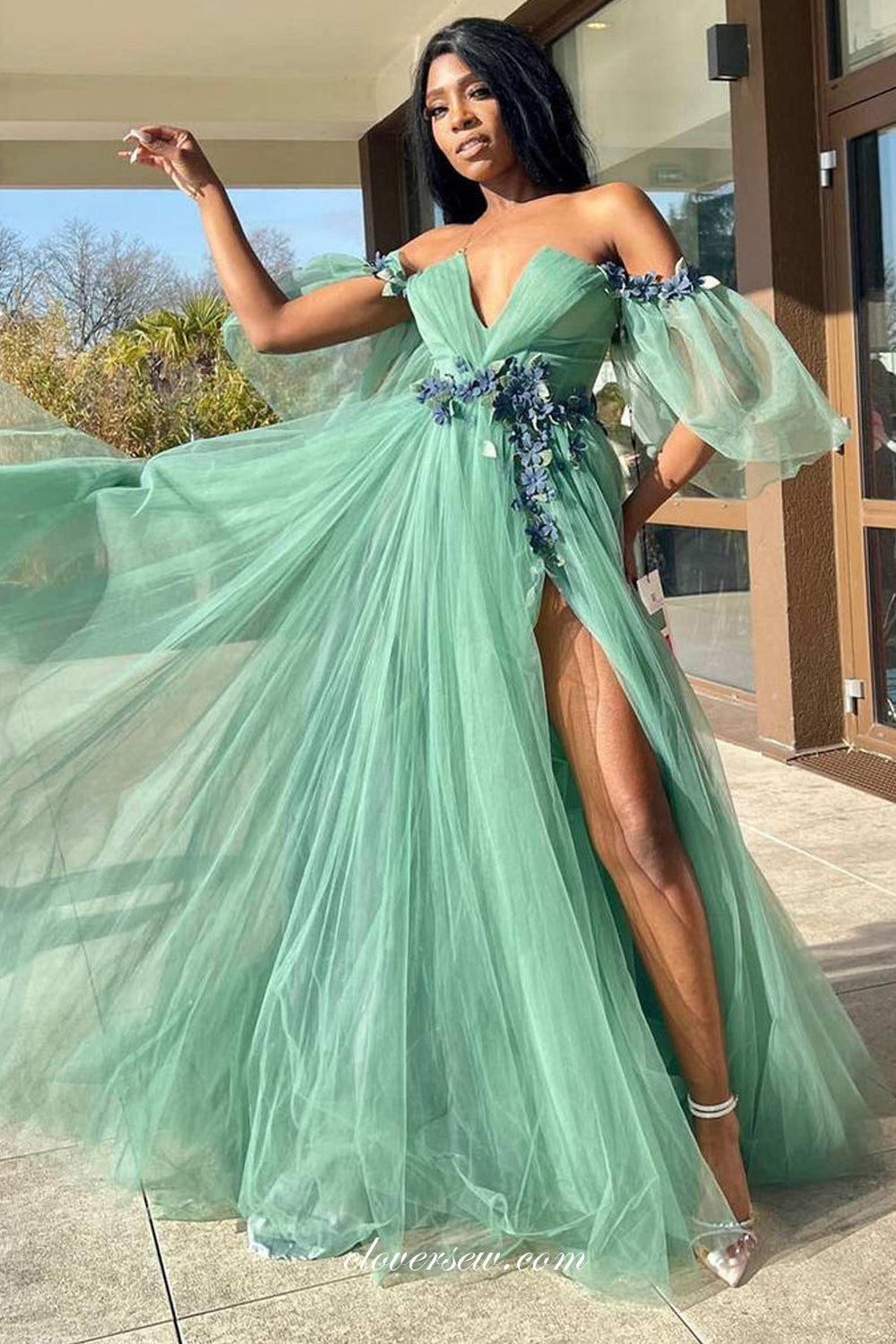 Mint Green Tulle Handmade Flowers Applique Off The Shoulder Prom Dresses CP0997
