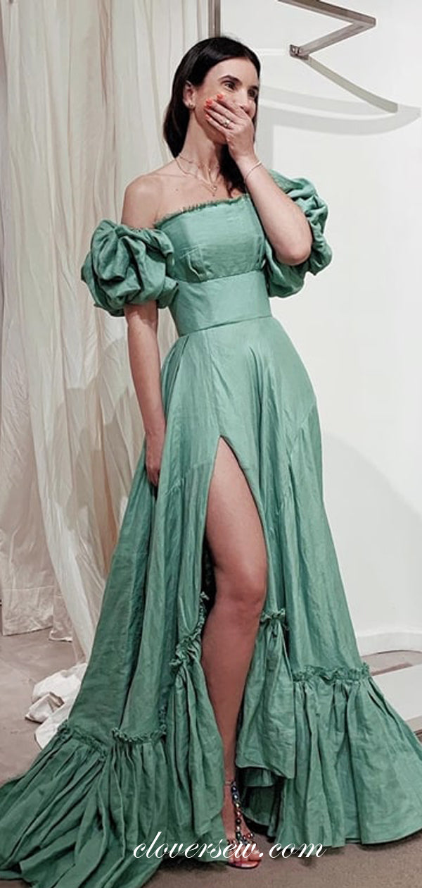 Mint Green Off The Shoulder Lantern Sleeves A-line Prom Dresses ,CP0307