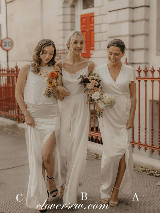 Mismatched Ivory Cream Simple Slit Column Long Bridesmaid Dresses ,CB0256