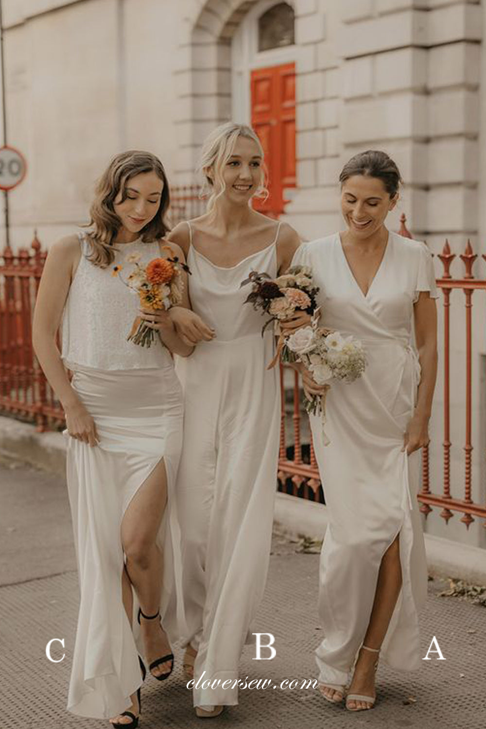 Mismatched Ivory Cream Simple Slit Column Long Bridesmaid Dresses ,CB0256