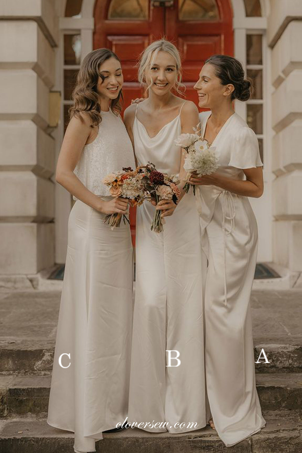 Mismatched Ivory Cream Simple Slit Column Long Bridesmaid Dresses ,CB0256