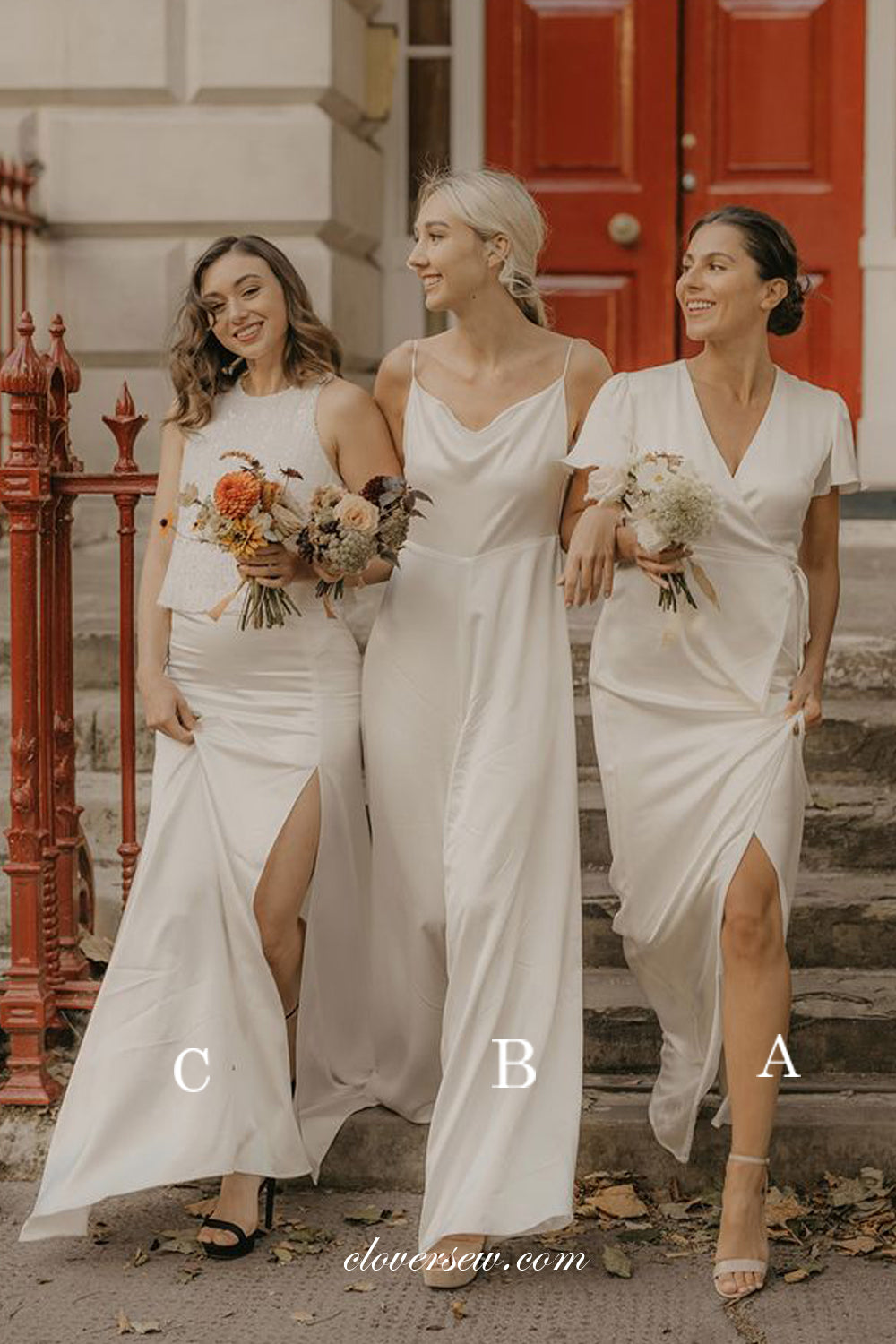 Mismatched Ivory Cream Simple Slit Column Long Bridesmaid Dresses ,CB0256