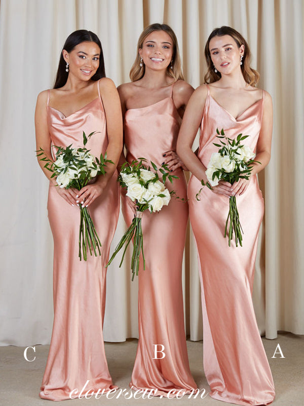 Mismatched Pink Elastic Satin Spaghetti Strap Sheath Bridesmaid Dresses, CB0165