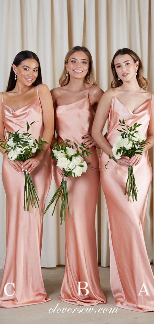 Mismatched Pink Elastic Satin Spaghetti Strap Sheath Bridesmaid Dresses, CB0165