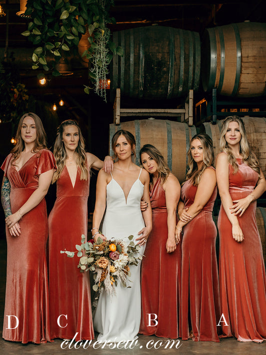 Mismatched Velvet Column Long Elegant Bridesmaid Dresses, CB0266