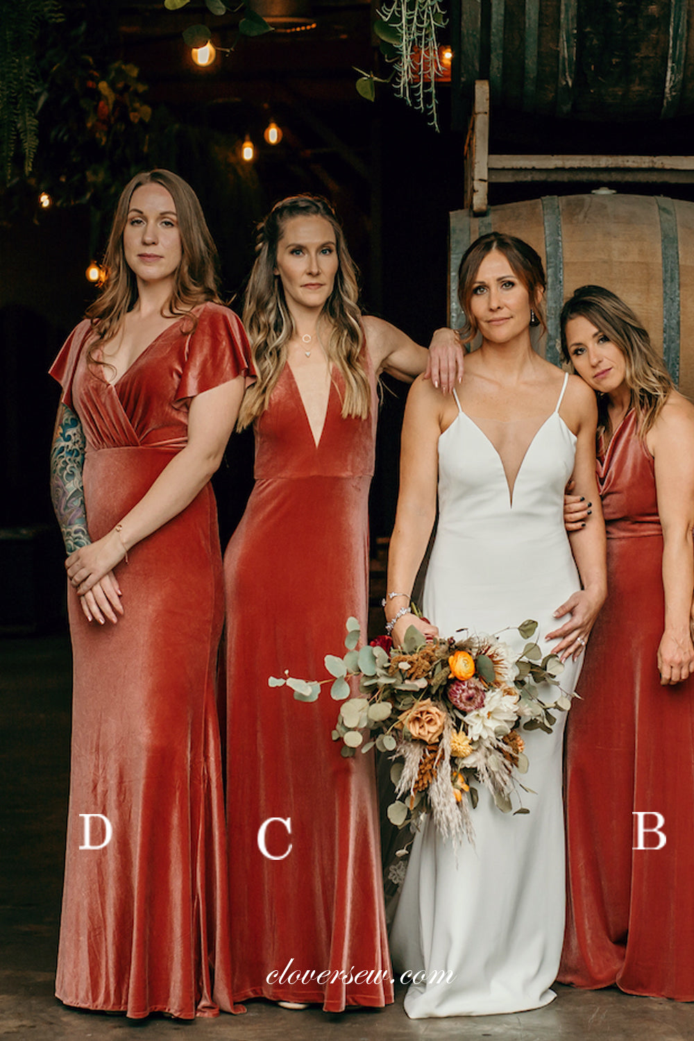 Mismatched Velvet Column Long Elegant Bridesmaid Dresses, CB0266