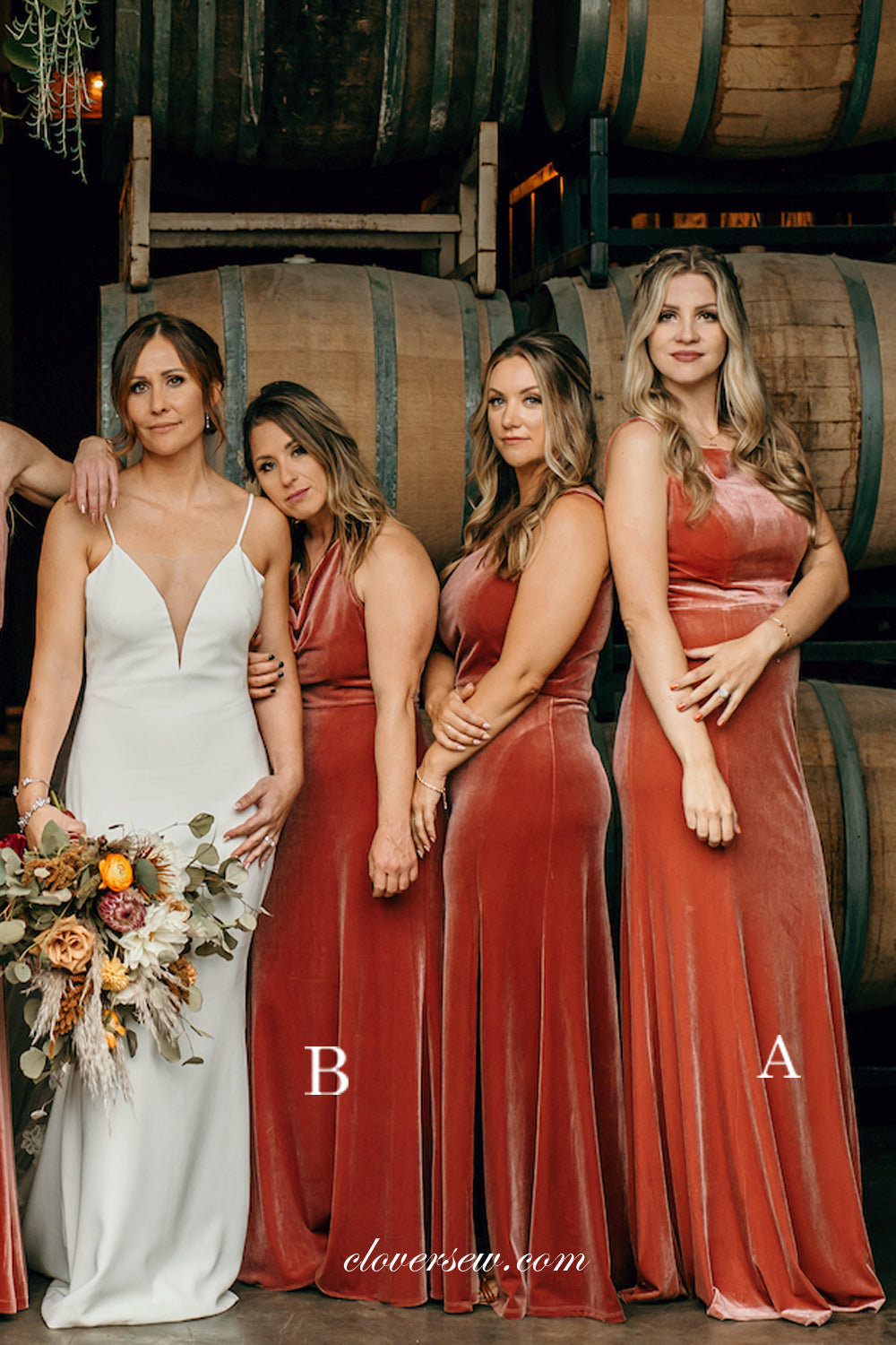 Mismatched Velvet Column Long Elegant Bridesmaid Dresses, CB0266