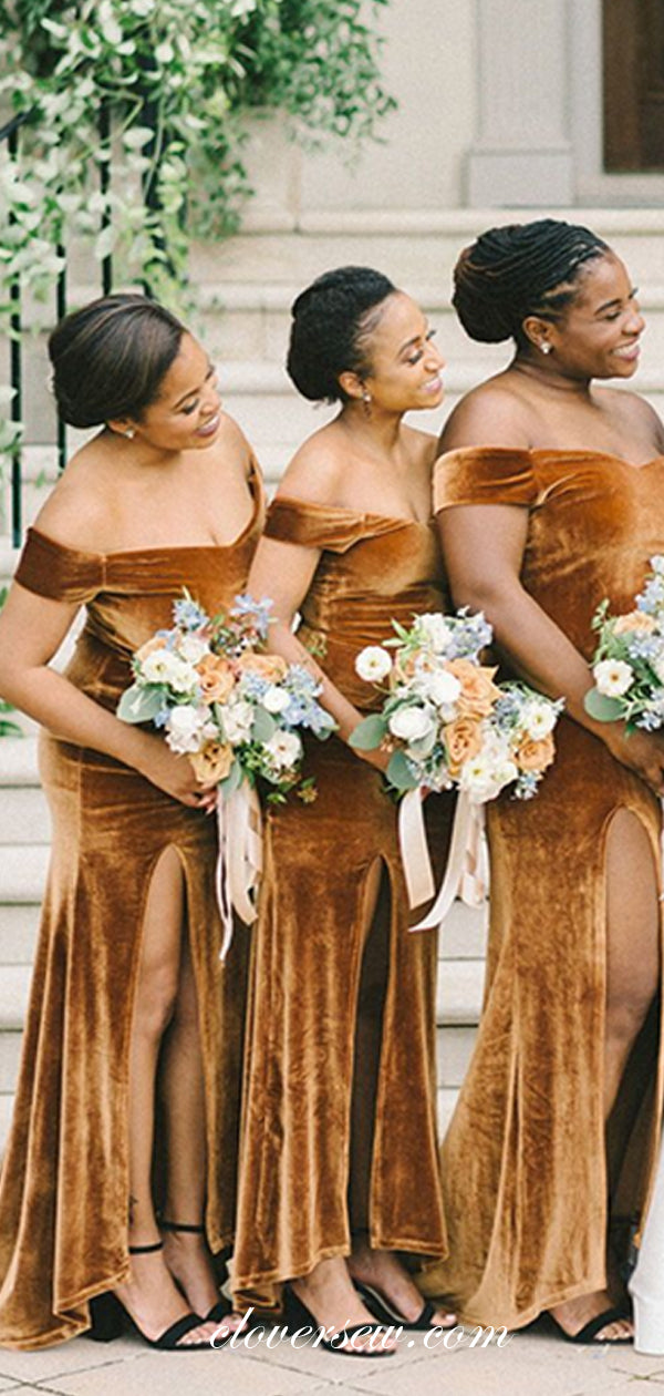 Mustard Velvet Off The Shoulder Side Slit Bridesmaid Dresses, CB0220