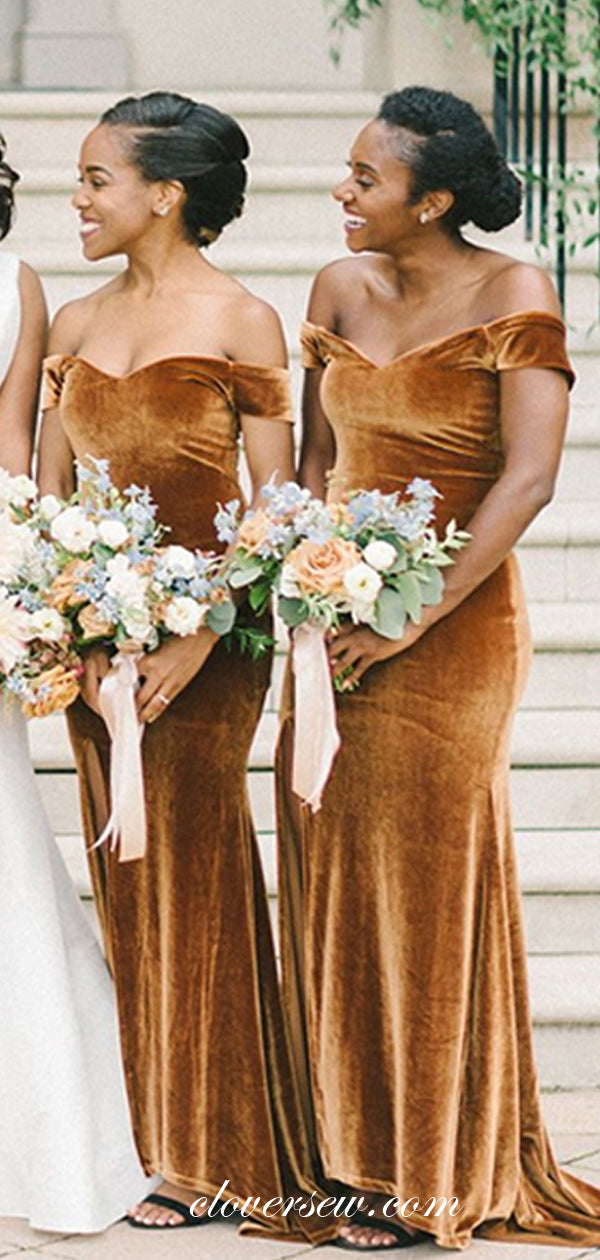 Mustard Velvet Off The Shoulder Side Slit Bridesmaid Dresses, CB0220