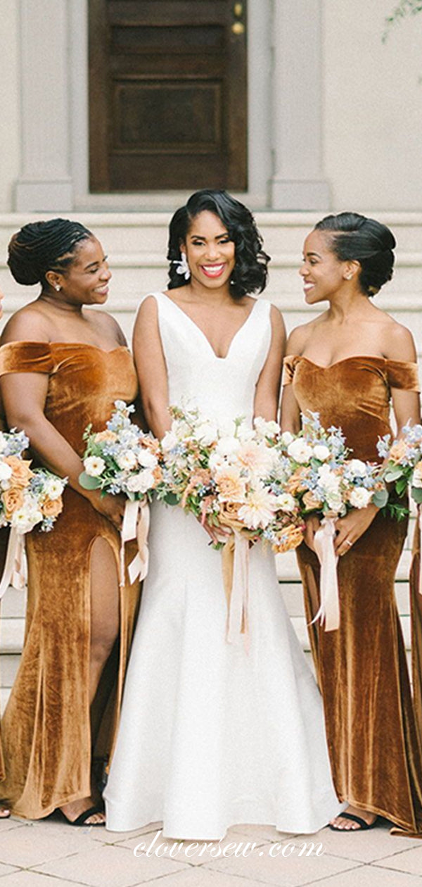 Mustard Velvet Off The Shoulder Side Slit Bridesmaid Dresses, CB0220