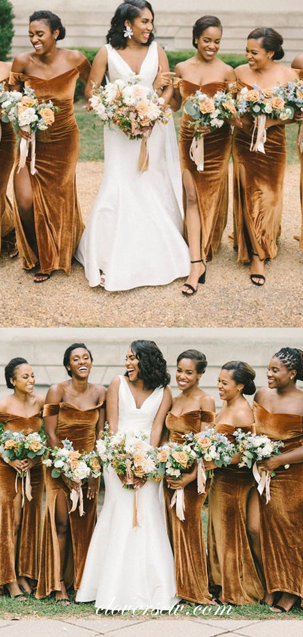 Mustard Velvet Off The Shoulder Side Slit Bridesmaid Dresses, CB0220