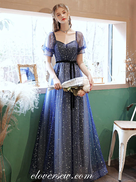 Navy Glitter Tulle Short Sleeves A-line Charming From Dresses, CP0805