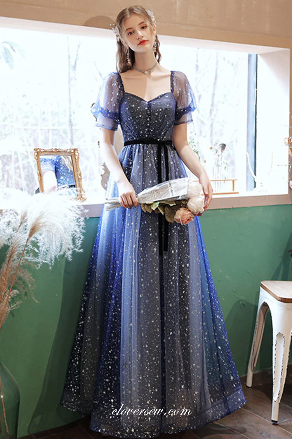 Navy Glitter Tulle Short Sleeves A-line Charming From Dresses, CP0805