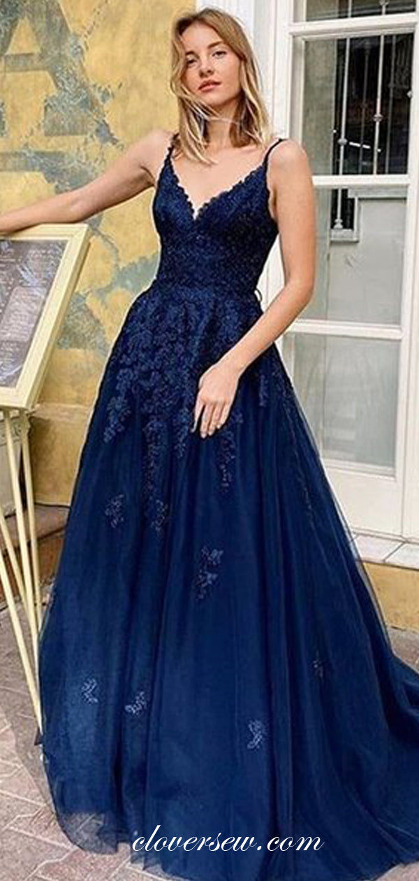 Navy Lace Applique V-neck A-line Lace Up Back Prom Dresses, CP0533 clover sew Navy Lace Applique V-neck A-line Lace Up Back Prom Dresses, CP0533 clover sew