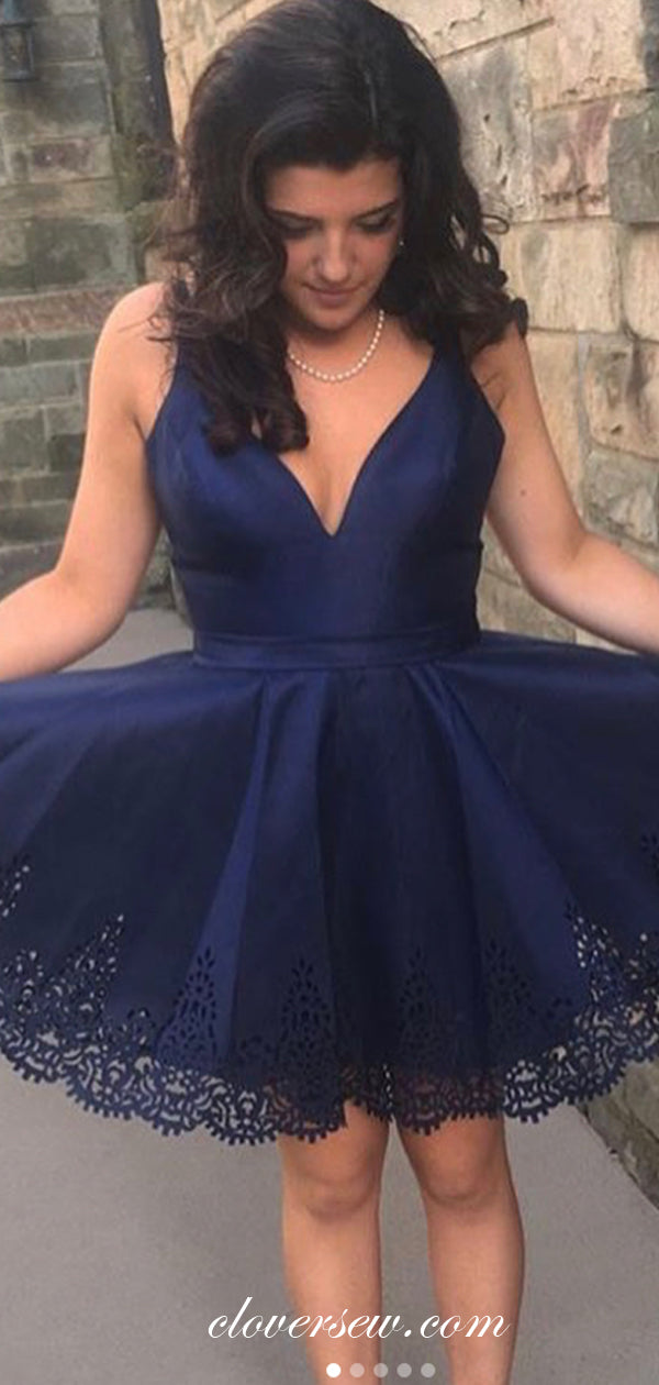 Navy Satin Lace Applique V-neck Homecoming Dresses, CH0032